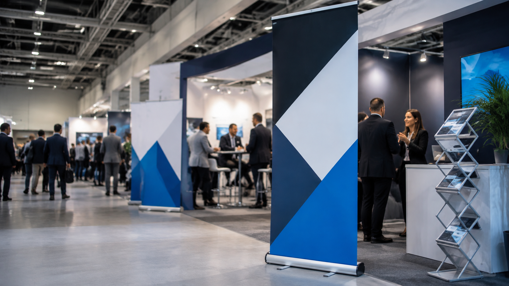 Professional retractable banner stands displayed at a trade show event with business visitors and branded marketing displays